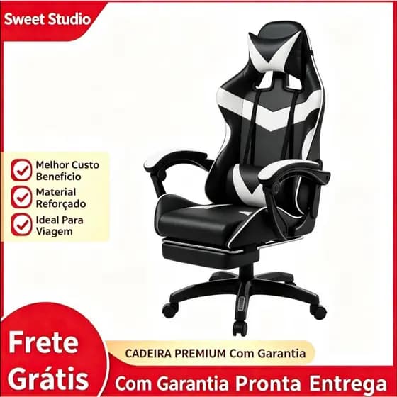 Cadeira Gamer Ergonômica Com Apoio De Pés Travesseiro Lombar Couro Sintético Premium Reclinação