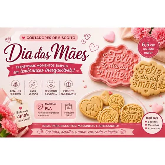 Kit 5 cortadores 5 carimbos marcadores tema Dia das Mães para biscoitos, pasta americana, lembrancinha