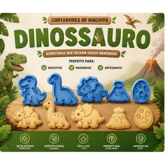 kit 5 cortador + 5 carimbo marcador / molde tema Dinossauros para biscoitos, pasta americana, massinha, infantil