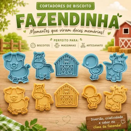 Kit Cortadores Fazendinha 5 cortador 5 carimbos Peças para Biscoitos, Massinhas e Artesanato
