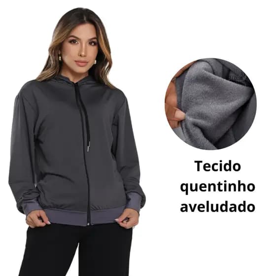 Moleton De Frio Feminino Inverno Quentinho Preto Com Capuz