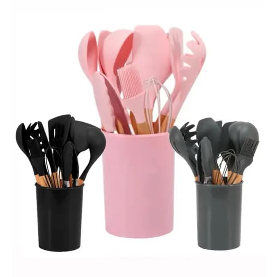 Kit De Utensílios Para Cozinha De Silicone Com Cabo De Madeira / 12 peças Com Balde / Envio Rápido
