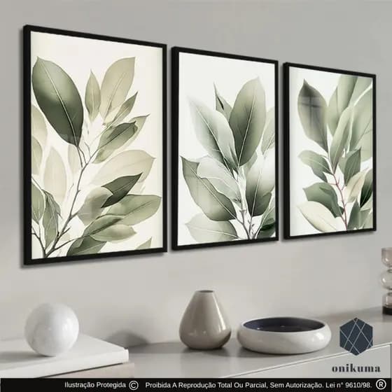 Trio Quadros decorativos Folhagem 40x60 Decoração Luxo Sala Escritório