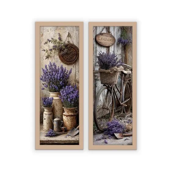 Kit 2 Quadros Para Sala Vaso Flor Lavanda 18x45 Decoração Luxo