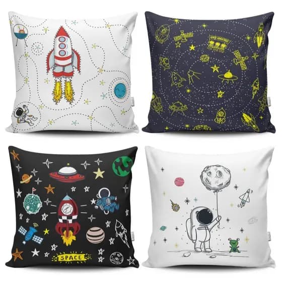 KIT 04 CAPAS DE ALMOFADA INFANTIL DECORAÇÃO LUXO 45X45CM - ASTRONAUTA