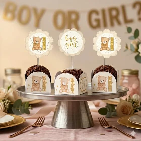 Kit Chá Revelação Ursinho Bege , ENVIO IMEDIATO | Forminha Doces | Boy or Girl | Decoração Baby Shower