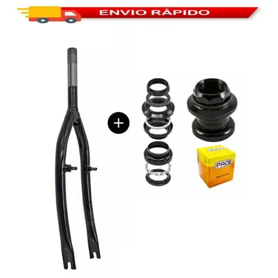 Garfo De Bicicleta Aro 26 Standart Aço Preto + Movimento De Direção Paco Rosca 22.2 Para Bike