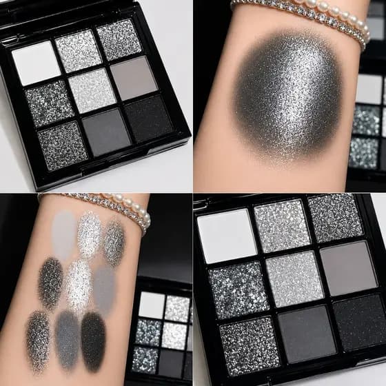 Paleta de Sombras 9 Cores Preto Cinza e Glitter Prata Efeito Esfumado Matte e Brilho Maquiagem Profissional