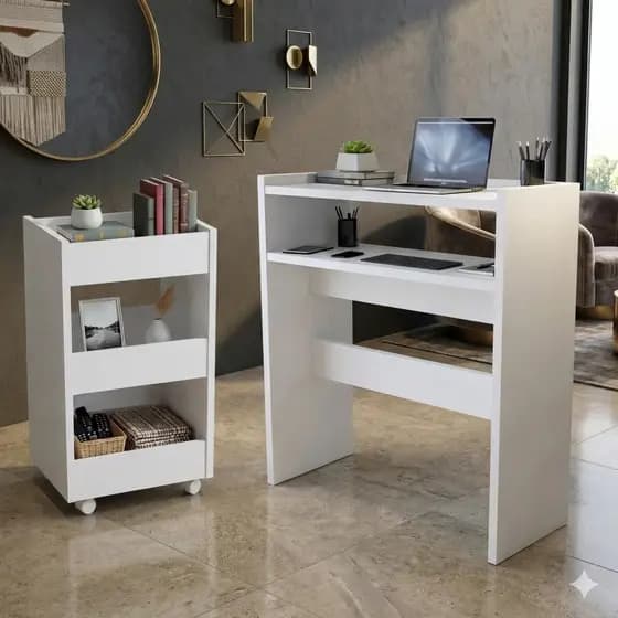 QUEIMA DE ESTOQUE Kit Estação de Trabalho Compacta – Mesa + Carrinho Auxiliar Multiuso