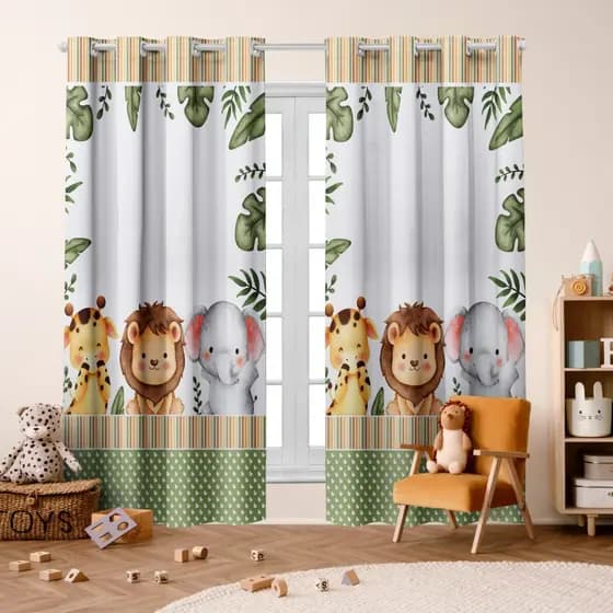 Cortina Infantil Safari 3,00 x 2,20 Decoração Baby Bebê Menino Menina Janela Quarto Kids Estilo