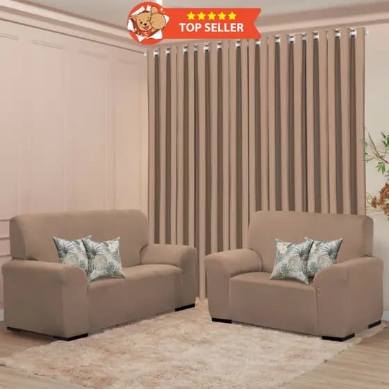 Kit Sala Liso Decoração Completa - Cortina 3M + Capa Sofá Coladinha 3 e 2 Lugar + 4 Capa de Almofada