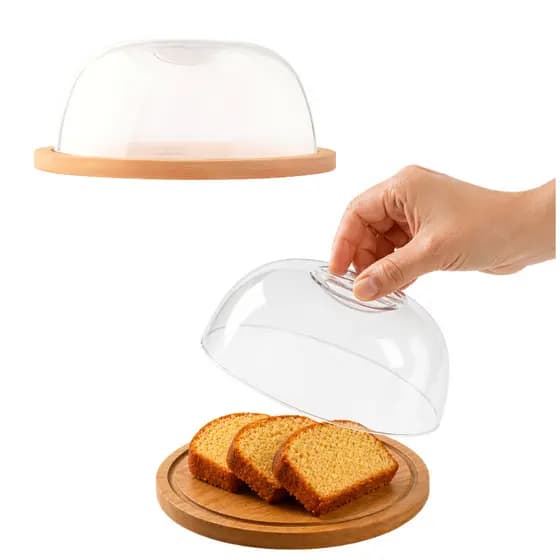 Porta Queijo Bolo De Bambu Queijeira Com Tampa De Acrílico 19cm