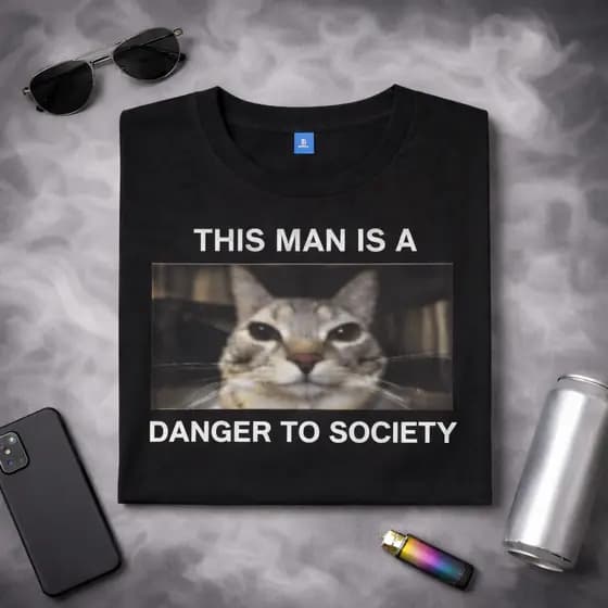 Camiseta Masculina Gato Engraçado Perigo Para A Sociedade