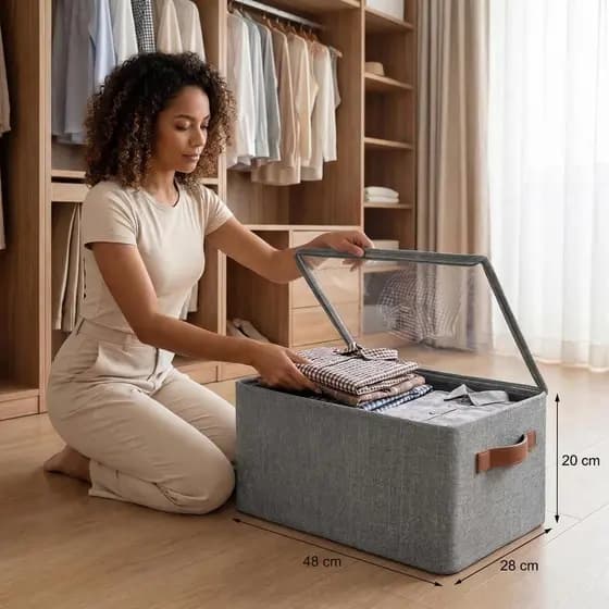 Caixa Organizadora De Roupas Tampa Transparente Dobrável Resistente Cesto Organizador Calças Closet