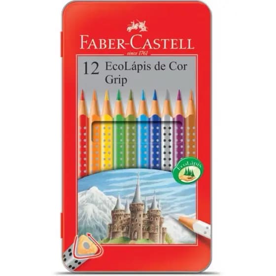 LÁPIS DEC COR GRIP FABER-CASTELL 12 CORES DESENHO PINTURA KIT ESTOJO LATA CORES VIVAS BOA QUALIDADE
