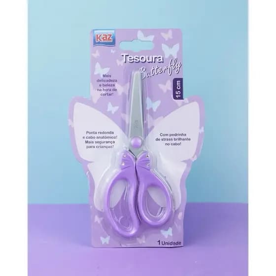Tesoura Borboleta Butterfly Strass Kaz 15cm Papelaria Fofa