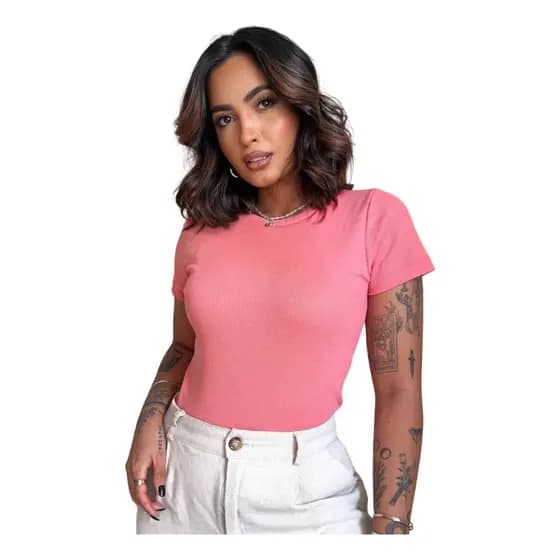 Blusa Feminina T-shirt Canelada De Algodão Premium Camiseta