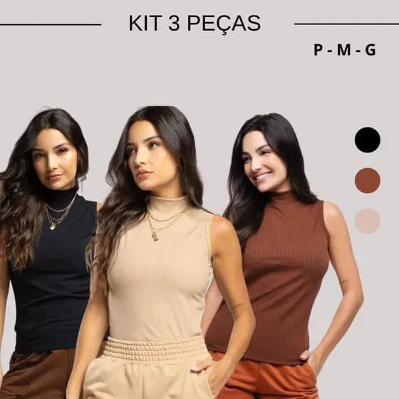 KIT 3 regatas feminina regata gola alta regata canelada camiseta básica
