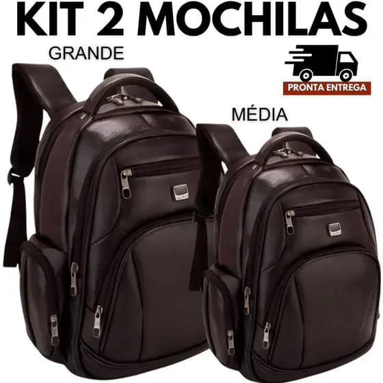 Kit 02 Mochilas Bolsa de Couro Média e Grande Unissex Trabalho Viagem Marrom
