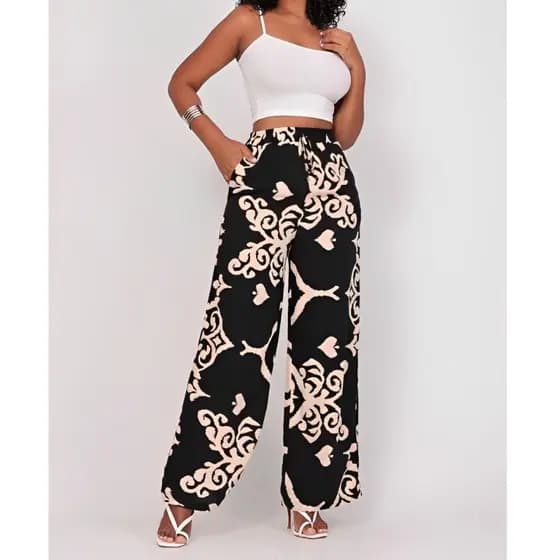 Calça Pantalona Feminina Com Bolso Cintura Alta
