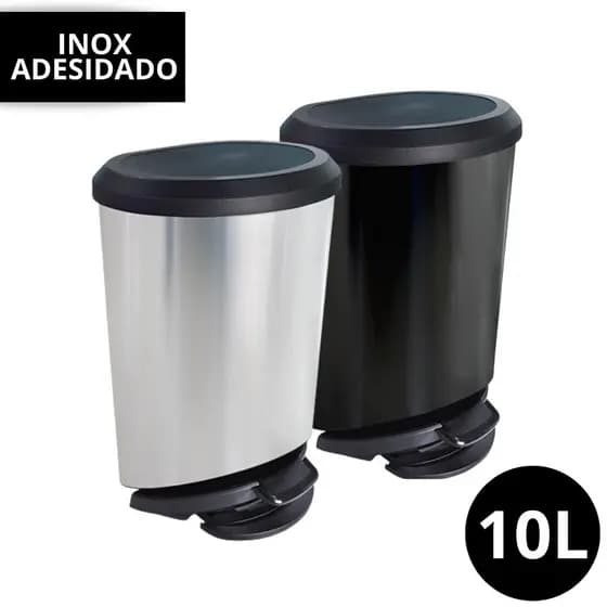 Lixeira Cesto Tipo Inox 10 Litros Com Tampa Com Pedal Prata Preto Label Plastico Automatica Para Banheiro Cozinha Quarto Escritório Cesta de Lixo Grande 10l Plástico Metalizado Plástica Lixeira Grande Para Cozinha kit Promoção Oferta
