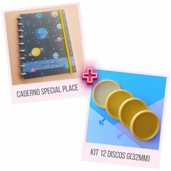 Kit Caderno A4 de 10 Matérias Special Place Planets + 12 Unidades Disco 32mm Liso