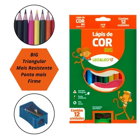 Lapis De Cor Big Jumbo 12 Cores Com Apontador Escolar Volta As Aulas Caixa Com 12 Lapis Leo&leo