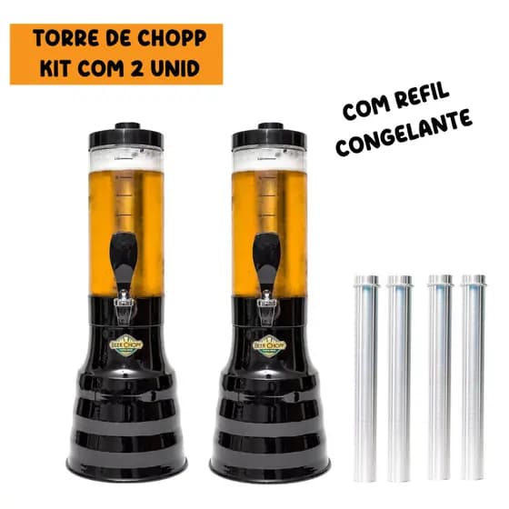 Torre de Chopp 2 Litros Beer Chopp Preto com 4 Refil Congelante Kit com 2 UNID de Torre