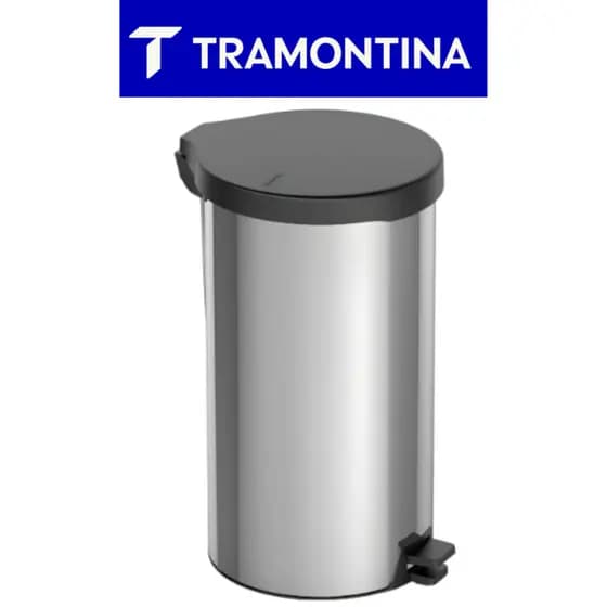 Lixeira 20 Litros Tramontina New Aço Inox Tampa Preta Com Pedal Acabamento Polido