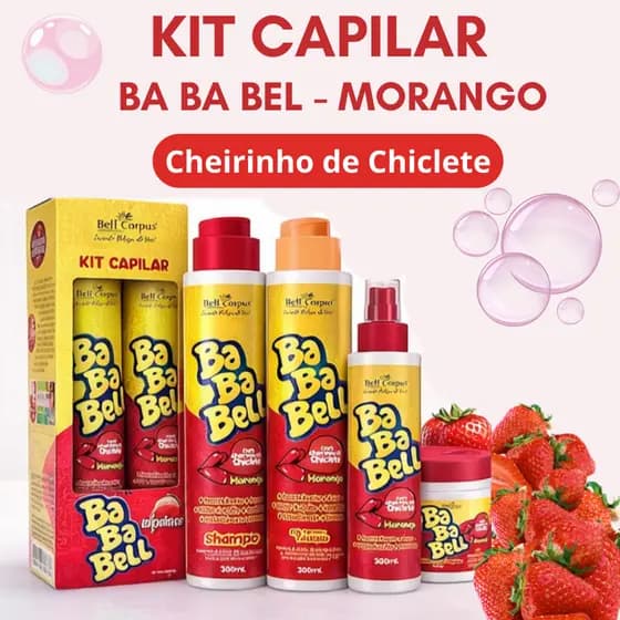 Kit Capilar Bababell com Aroma de chiclete MORANGO - 4 itens