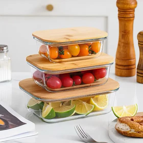 Kit 3 Potes de Vidro Com Tampa de Bambu Organizador de Geladeira Marmita Forno Microondas e Freezer- envio rápido