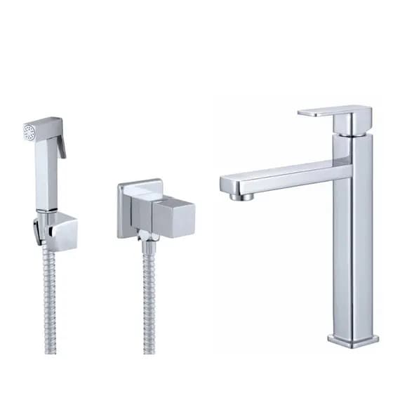 Ducha Higiênica Cromada Completa + Torneira Bica Alta Quadrada Metal Cromada Água Fria