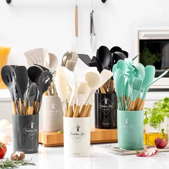 Kit Conjunto 12 Pçs De Utensílios Facas Silicone Cozinha Jogo Completo Batedeira Colher Pegador