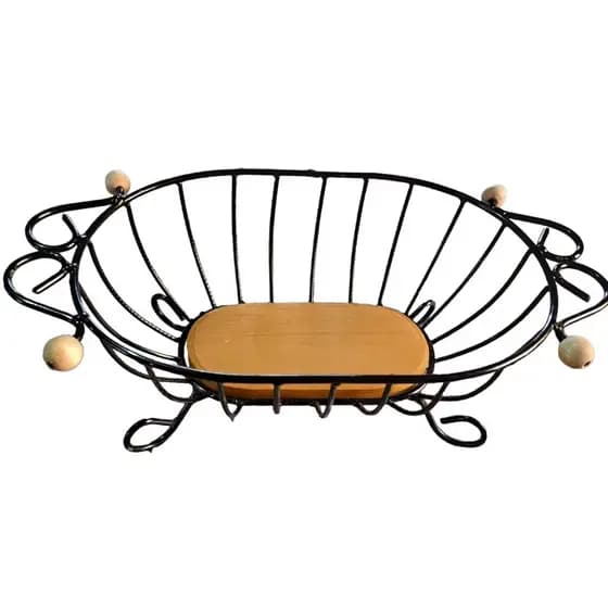 Fruteira Oval Rústica De Mesa Em Ferro e Madeira