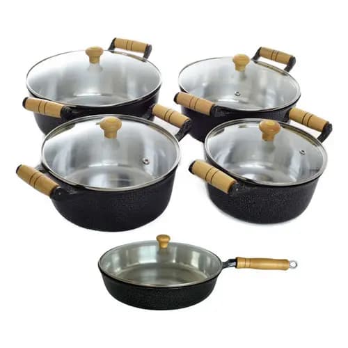 Kit Conjunto Panela Frigideira Preto Alumínio Fundido Batido Tampa de Vidro