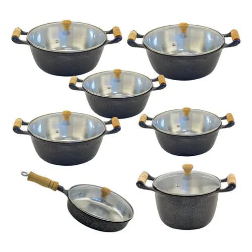 Kit Conjunto Jogo Panela Preta Alumínio Fundido Batido Grosso 7 pçs Cabo de Madeira Tampa De Vidro
