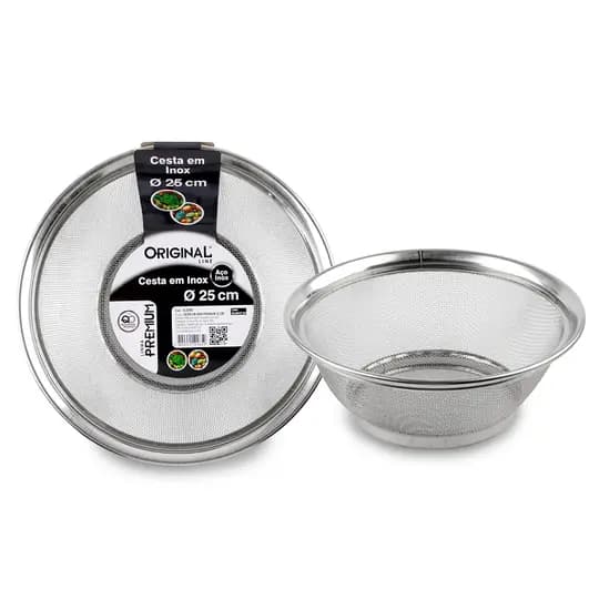 Cesto/Peneira Escorredor Inox Multiuso Diam. 25cm – Lavar, Escorrer e Armazenar Frutas, Legumes, Arroz e Macarrão