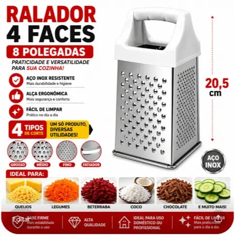 Ralador Inox 4 Faces 8 Polegadas com Alça | Ralador de Queijo, Legumes, Frutas e Chocolate - Cozinha