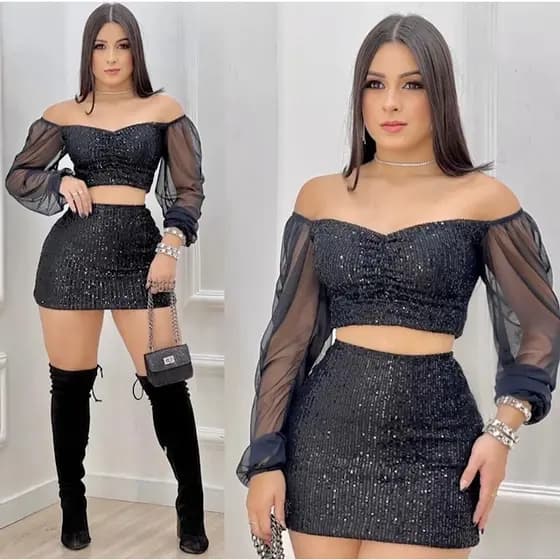 Cropped Brilho Paete Manga Longa Tule Bufante Poá Moda Feminina Gringa Balada Festa Luxo
