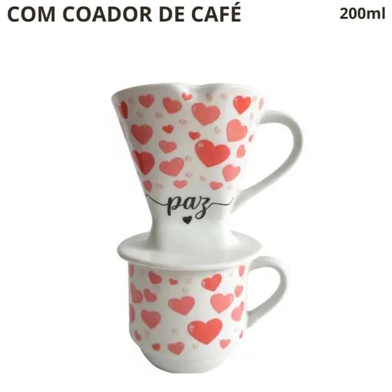 Caneca 200ml com Coador de Café | Porcelana | Filtro Reutilizável