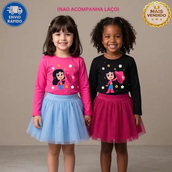 Conjunto Infantil Menina Boiadeira Blusa Manga Longa Saia Tule Roupa Infantil Feminina Festa Fashion Moda Infantil