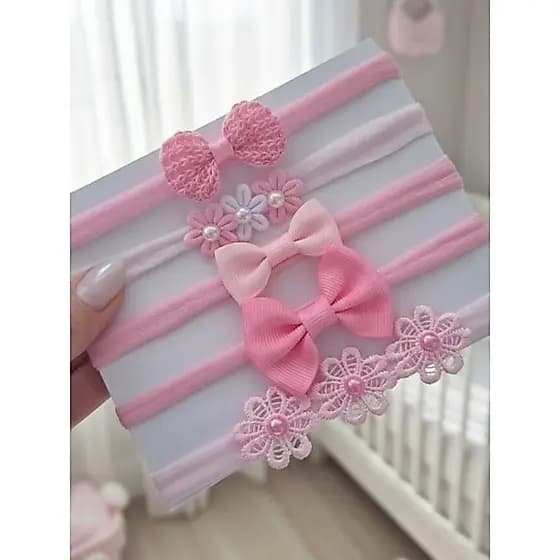 Kit 5 Faixas Bebê Menina Rosa com Laço e Flor – Acessório Infantil Delicado