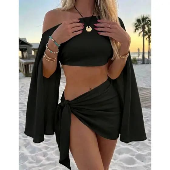 Conjunto Saida De Praia Feminino Saia Cropped Estilo Gringa Verão