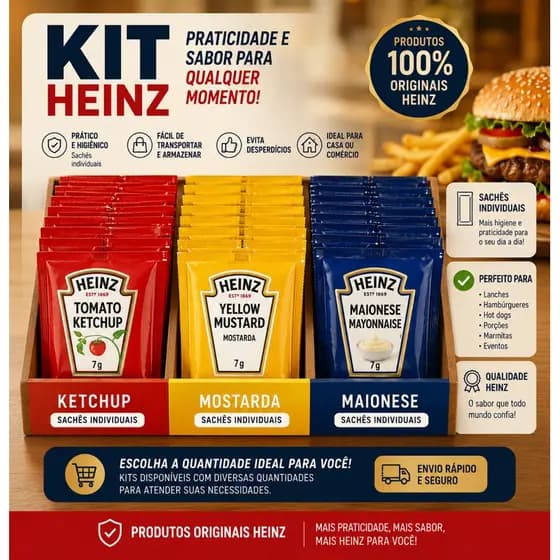 Kit Sachê Heinz 150 un ou 300 | 50 Ketchup + 50 Maionese + 50 Mostarda