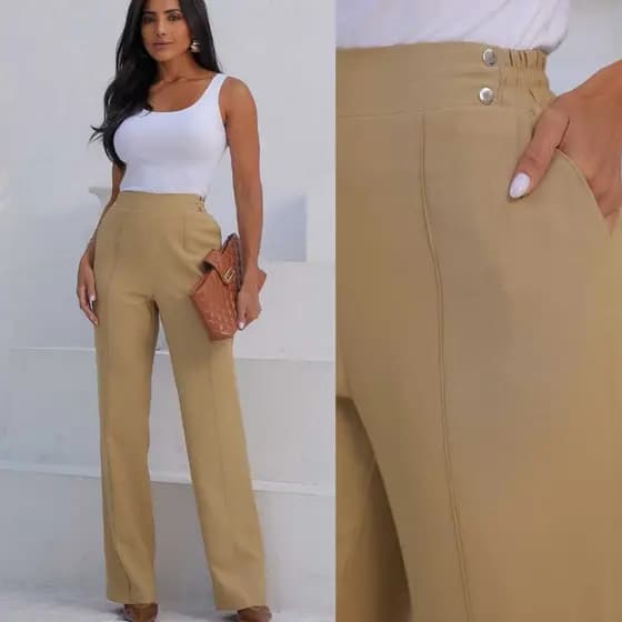 Calça Pantalona Feminina Alfaiataria Sensorial Elegante com Botões Detalhados e Cós Ajustavel