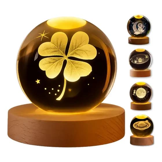 Luminária Decorativa de Mesa Globo LED Bola de Cristal 3D USB Vidro Base Madeira Abajur