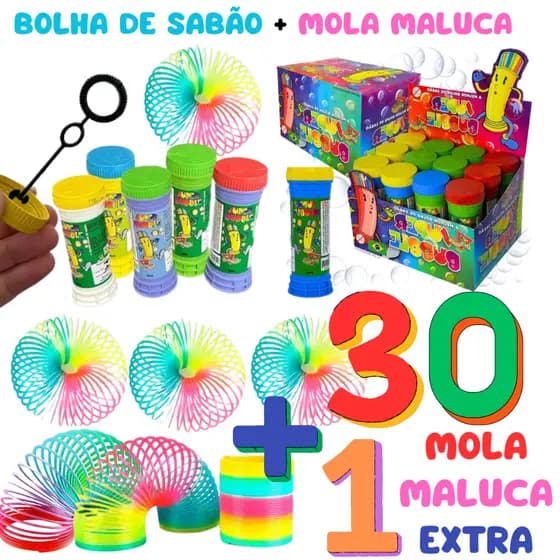 15 Bolhas de Sabão + 15 Molas Malucas + 1 Mola Extra - Kit Festa Infantil - ENVIO IMEDIATO