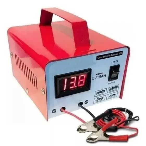Carregador de Bateria Automotiva CV10 12 Volts 10 Amperes/Hr, Com Voltimetro, Bivolt, Flutuante Inteligente Carro, Moto, Barco, Jetski e Estacionaria