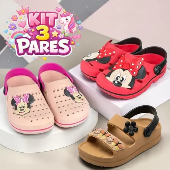 Kit Com 3 Pares De Sandália Babuche Infantil Menina Leve e Confortável