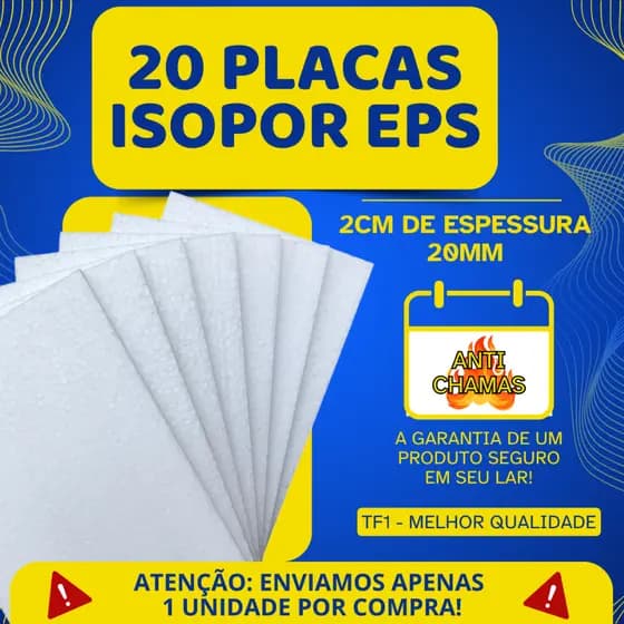 KIT 20 PLACAS DE ISOPOR EPS ANTICHAMAS COM 2 CM DE ESPESSURA - TÉRMICO - ANTICHAMAS - FORRO - PAREDE